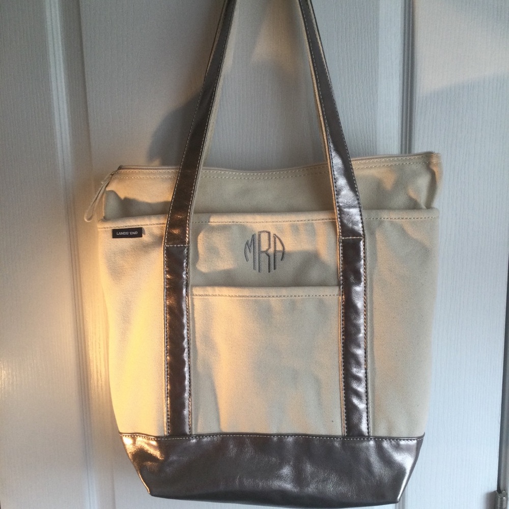Lands' End Cream and Silver Tote Bag with Metallic Accents
